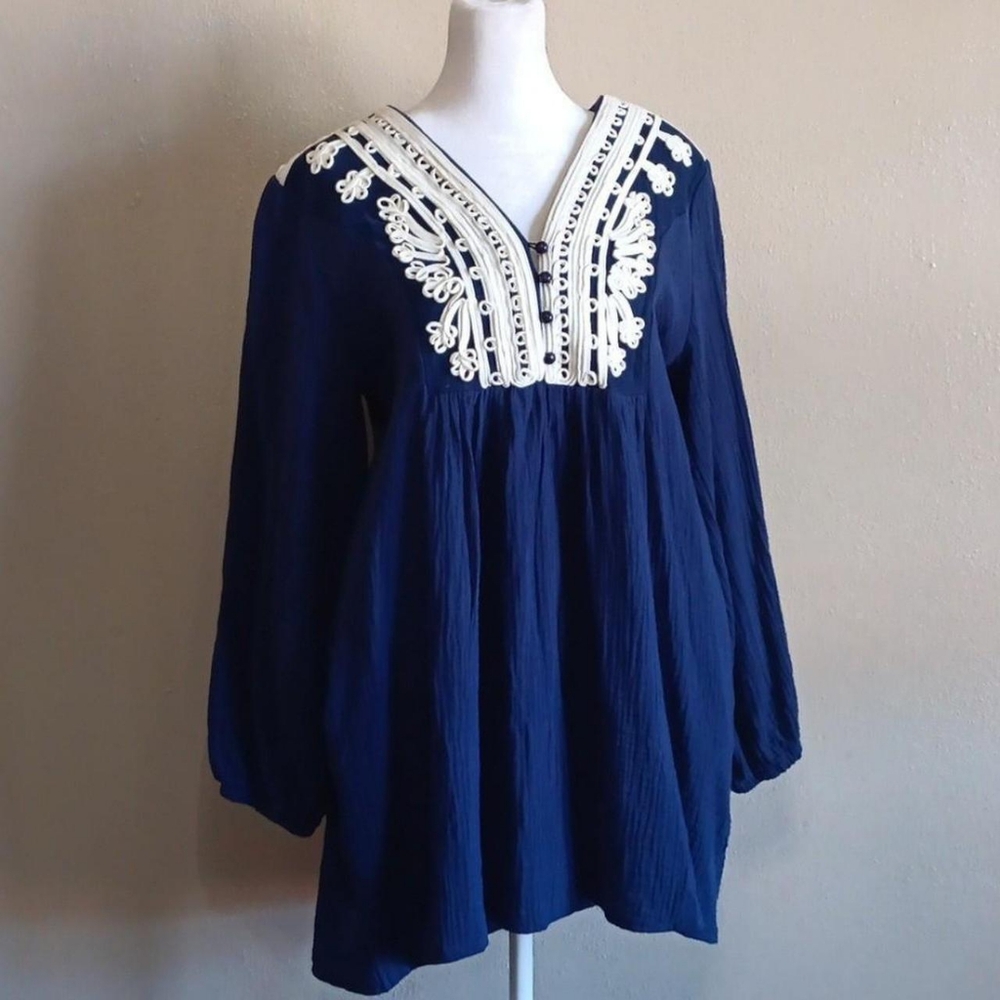 Velzera Tunic Smock Dress Tunic Top, Navy Blue White Womens Small Summer Cotton
